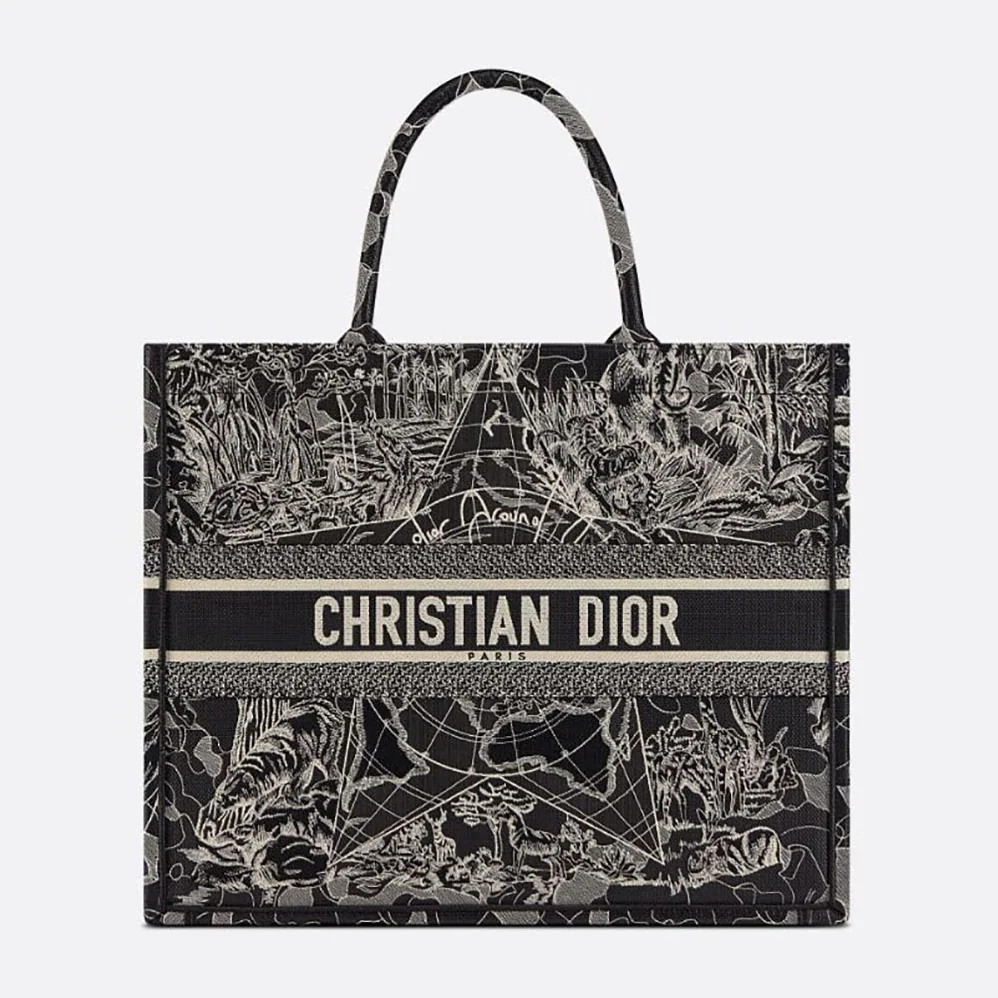 Dior Book Tote Black and White Dior Around the World Embroidery for Women