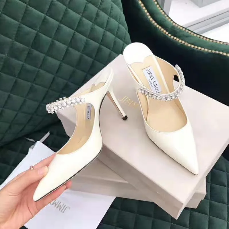Jimmy Choo Shoes Bing 65 Linen Patent Leather Mules with Crystal Strap for Women Jimmy Choo Shoes Bing 65 Linen Patent Leather Mules with Crystal Strap for Women
