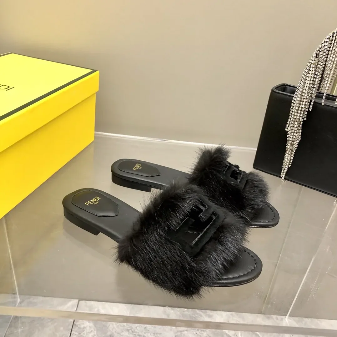 Fendi Black Mink Slides
