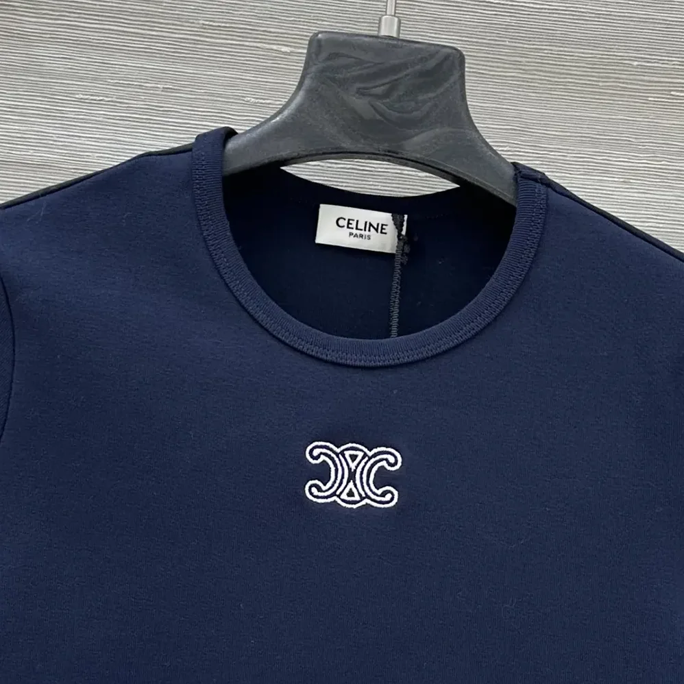 Celine Triomphe T-Shirt In Ribbed Cotton Jersey for Women in Navy