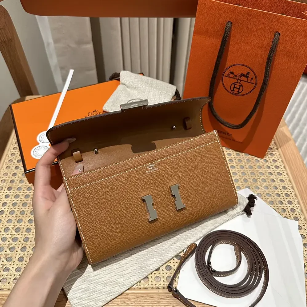 Hermes Constance Long To Go in Epsom Leather for Women in Brown/Silver