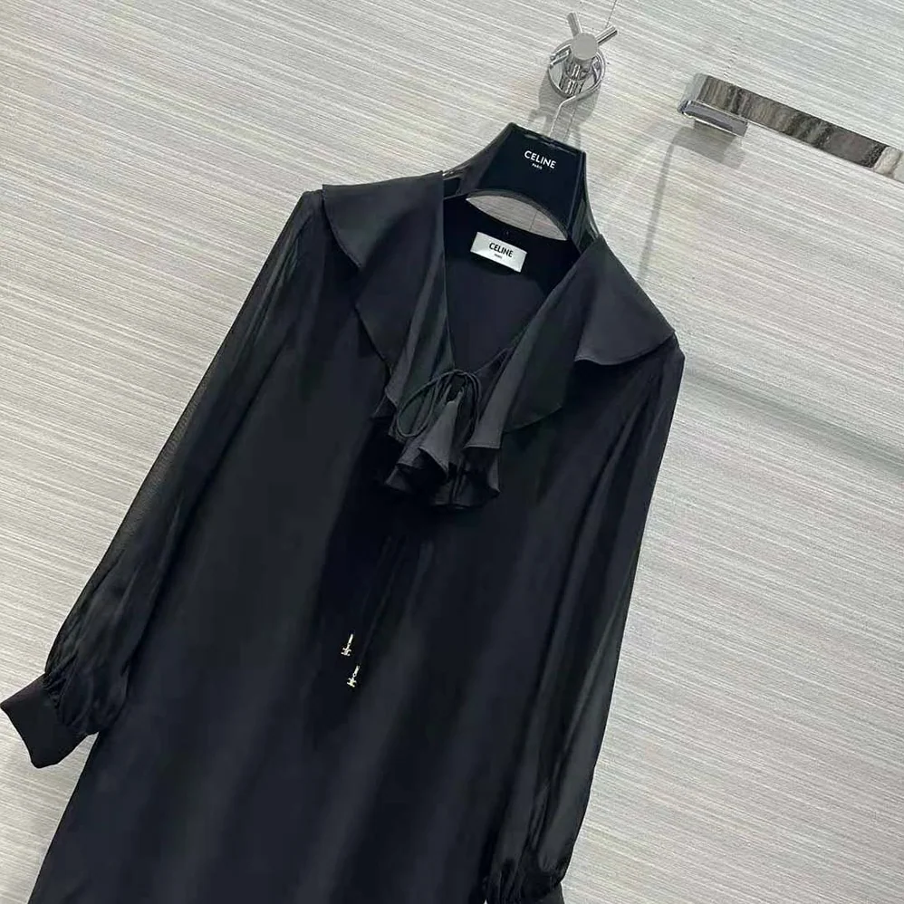 Celine Jabot Mini Dress in Silk Georgette for Women in Black Celine Jabot Mini Dress in Silk Georgette for Women in Black