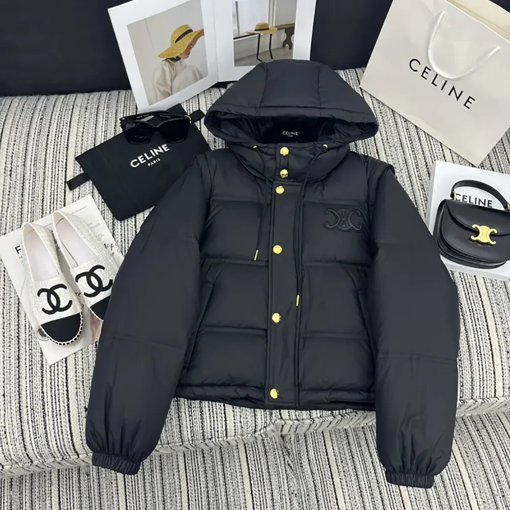 Celine Triomphe Cropped Down Jacket in Lightweight Nylon for Women in Black