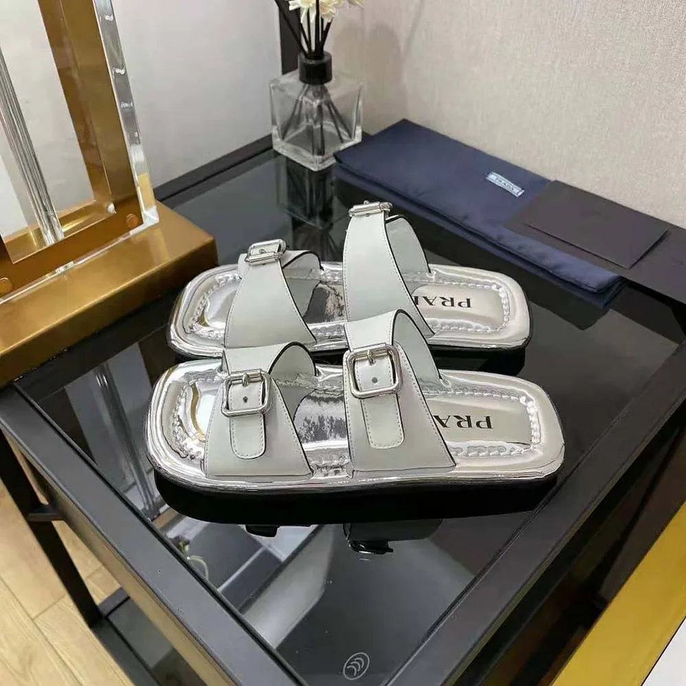 Prada Leather Sandals With Metal Buckle on the Upper for Women in Silver Prada Leather Sandals With Metal Buckle on the Upper for Women in Silver
