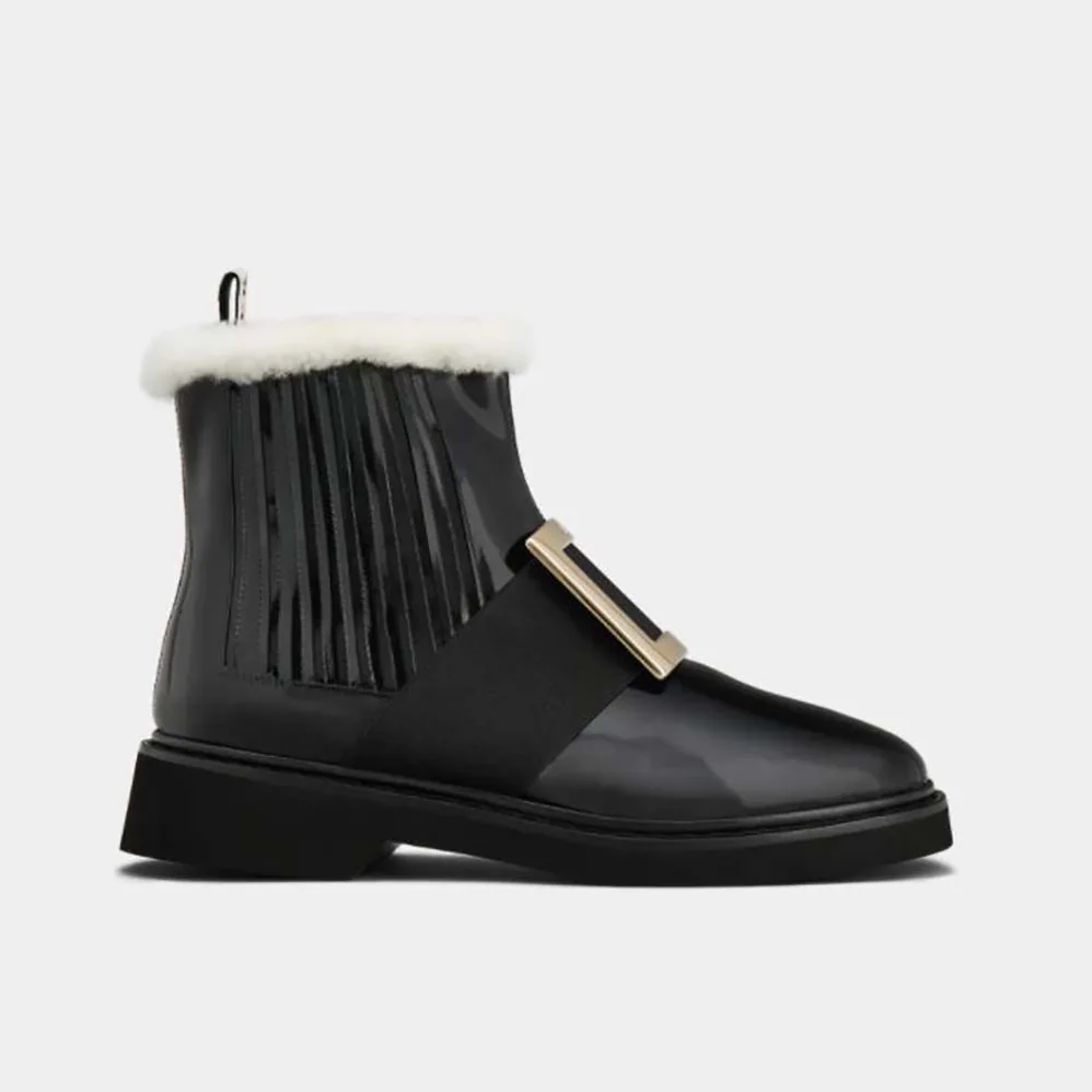 Roger Vivier Viv' Rangers Metal Buckle Fur Booties in Patent Leather for Women Roger Vivier Viv' Rangers Metal Buckle Fur Booties in Patent Leather for Women