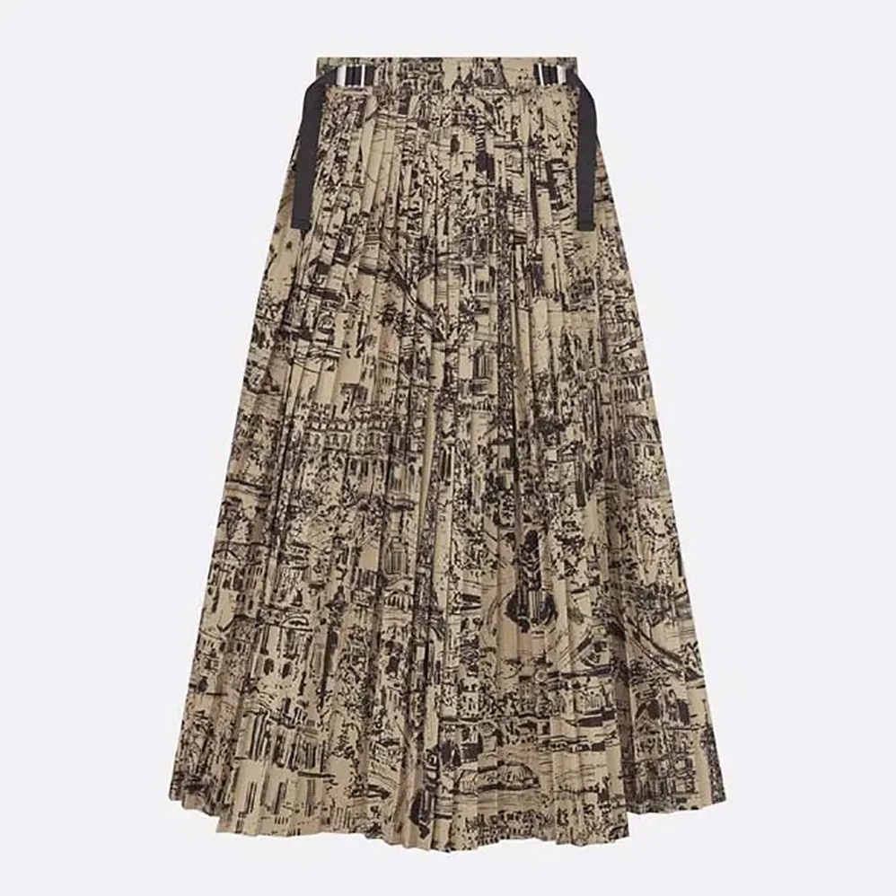 Dior Pleated Mid-Length Skirt Beige and Black Cotton Gabardine with Paris Allover Motif for Women