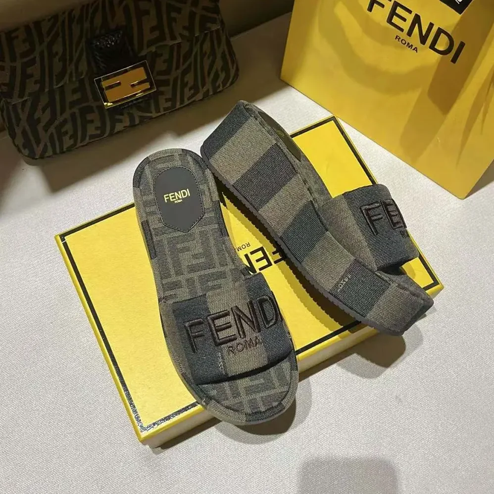 Fendi Sunshine Brown Fabric Flatform Slides for Women