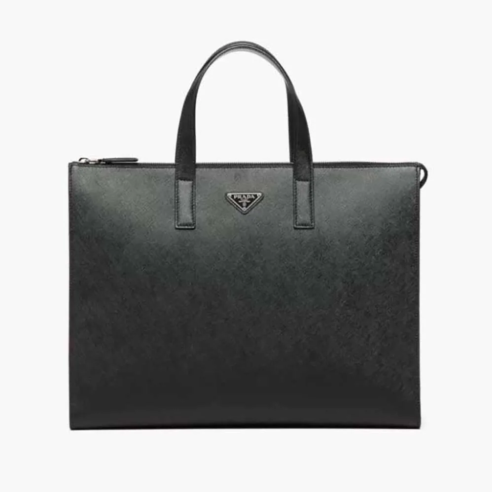 Prada Saffiano Leather Tote with a Crosshatch Pattern and Wax Finish for Men in Black