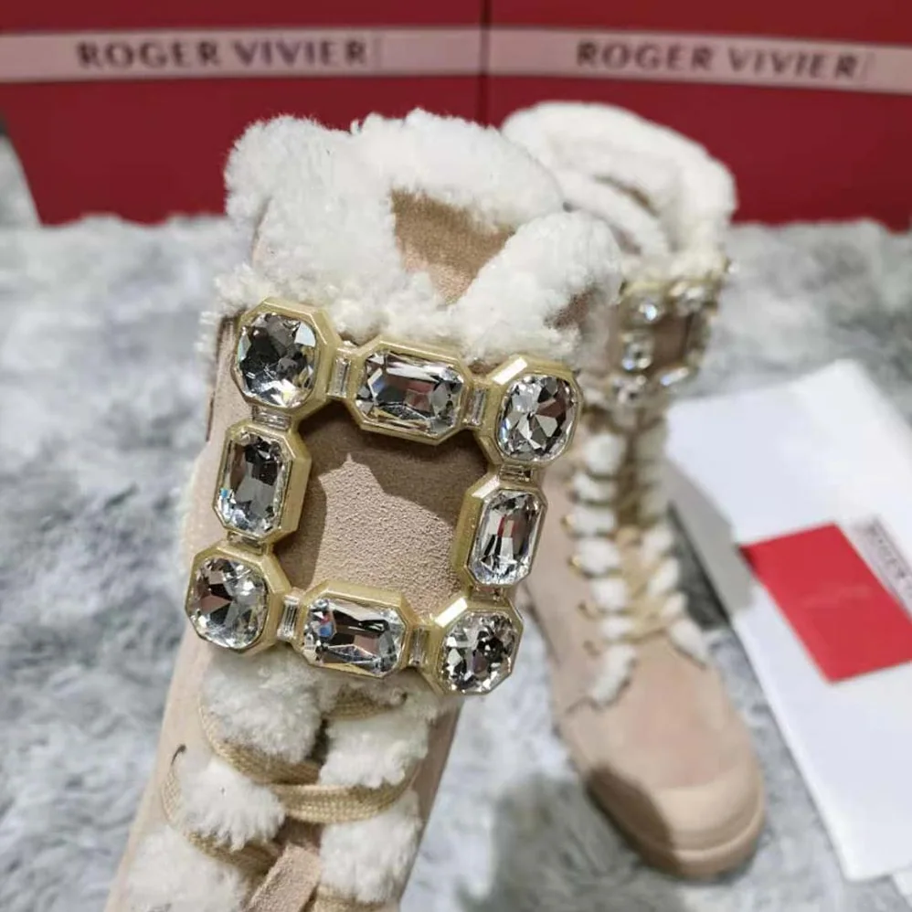 Roger Vivier Walky Viv' Lace Up Shearling Strass Buckle Booties in Suede for Women Roger Vivier Walky Viv' Lace Up Shearling Strass Buckle Booties in Suede for Women