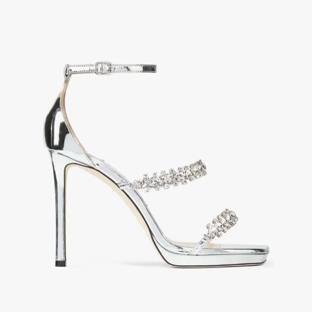 Jimmy Choo Bing Sandal 105 Silver Liquid Metal Sandals with Crystal Straps for Women Jimmy Choo Bing Sandal 105 Silver Liquid Metal Sandals with Crystal Straps for Women
