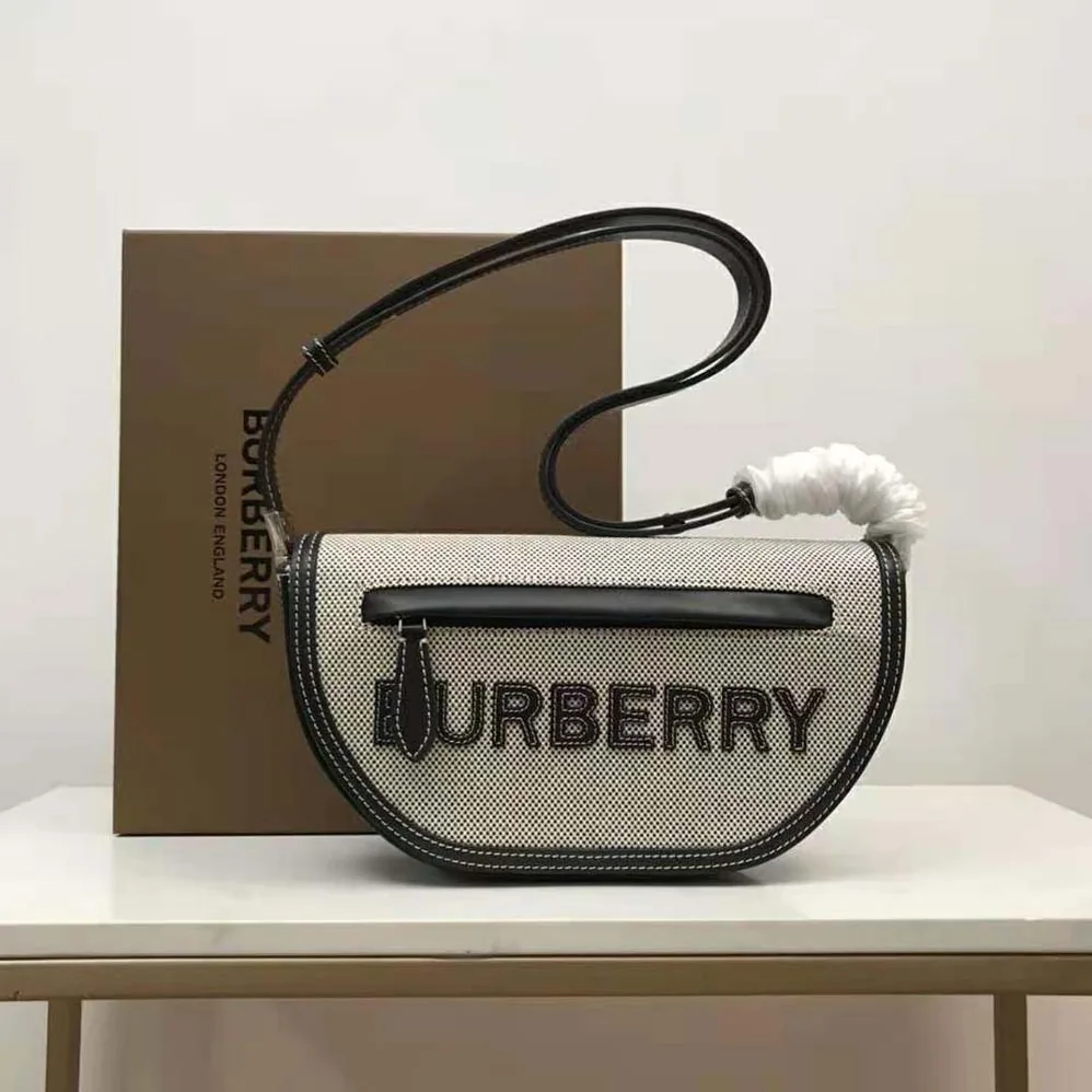 Burberry Small Cotton Canvas and Leather Olympia Bag for Women Burberry Small Cotton Canvas and Leather Olympia Bag for Women