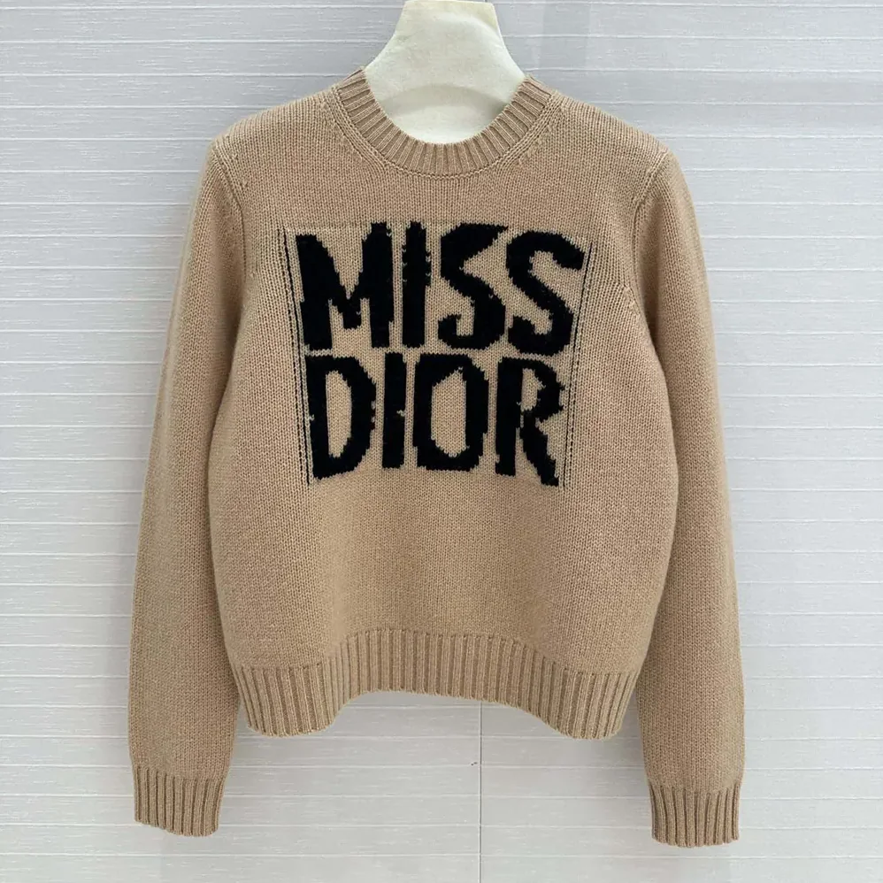 Dior Sweater Pale Pink Cashmere and Silk Knit with Black Miss Dior Graffiti Motif for Women Dior Sweater Pale Pink Cashmere and Silk Knit with Black Miss Dior Graffiti Motif for Women
