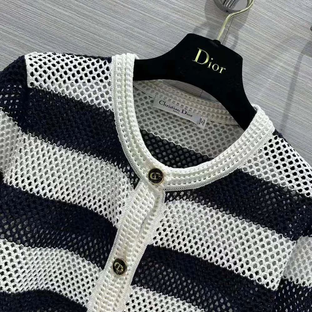 Dior Marinière Cardigan Navy Blue and White Openwork Cotton Knit for Women