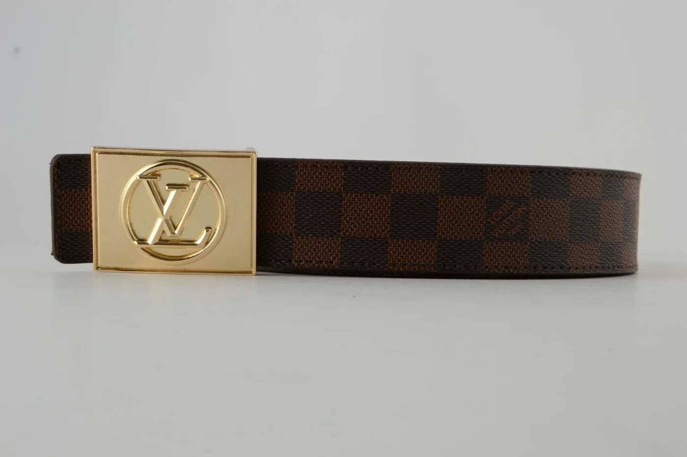Brown Damier Gold Buckle Leather Belt