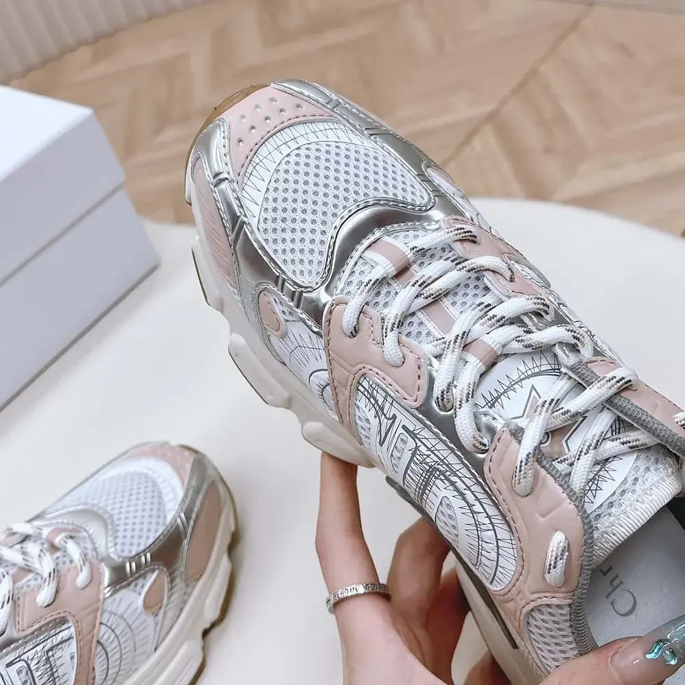 Dior Chrono Sneaker White Mesh with Nude and Silver-Tone Laminated Leather for Women in Effect Panels