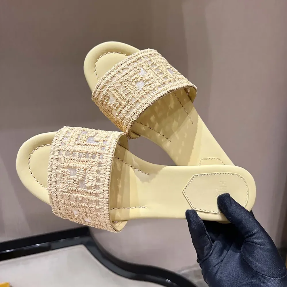 Fendi Sunshine Mesh Slides with Raffia FF Embroidery for Women
