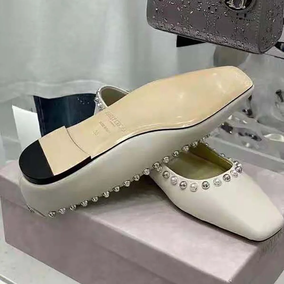 Jimmy Choo Mirele Flat Latte Nappa Leather Flats with Pearl Outline for Women