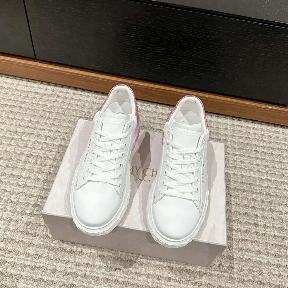 Jimmy Choo Diamond Maxi/F II White & Rose Nappa Leather Glitter Trainers for Women Jimmy Choo Diamond Maxi/F II White & Rose Nappa Leather Glitter Trainers for Women