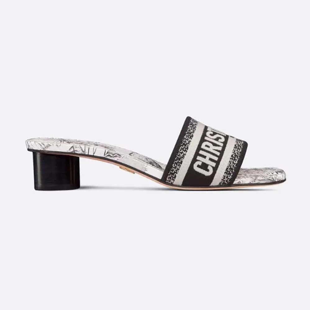 Dior Dway Heeled Slide White and Black Embroidered Cotton with Toile de Jouy Voyage Motif for Women Dior Dway Heeled Slide White and Black Embroidered Cotton with Toile de Jouy Voyage Motif for Women