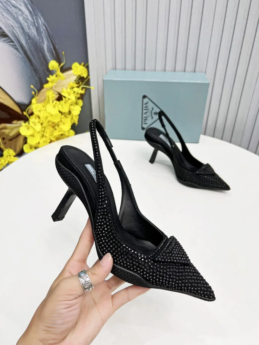 Prada Satin Slingback Pumps With Crystals Black in PRD