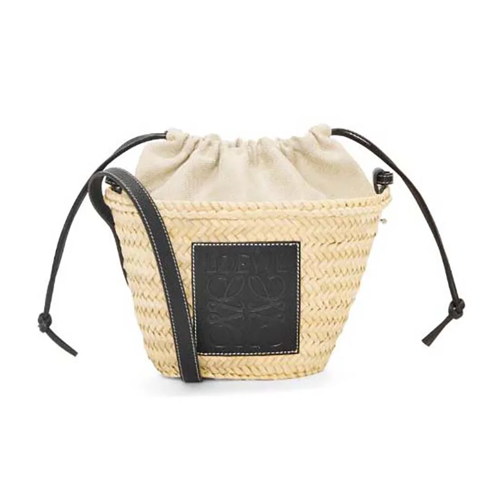 Loewe Drawstring Bucket Bag in Palm Leaf and Calfskin for Women in Black