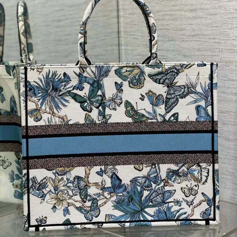 Dior Large Dior Book Tote White and Pastel Midnight Blue Toile de Jouy Mexico Embroidery for Women