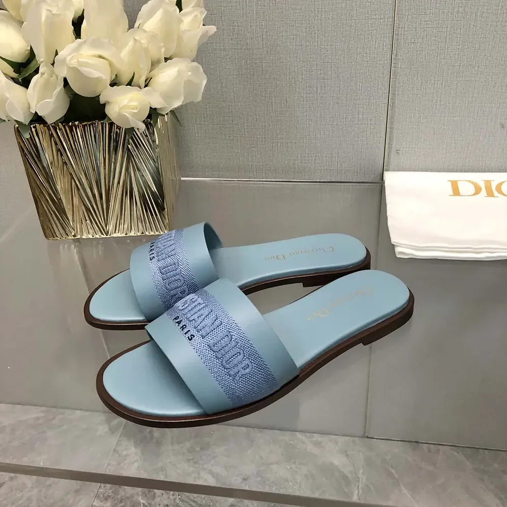 Dior Dway Slide Pastel Blue Calfskin and Embroidered Cotton for Women
