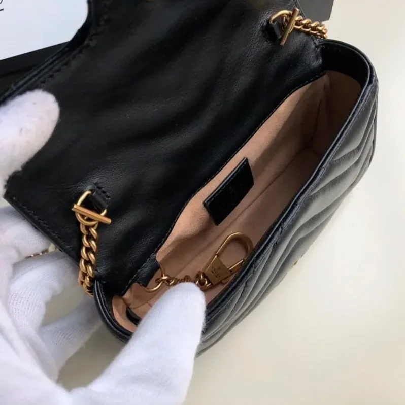 Gucci Marmont Matelassé Super Mini Shoulder Bag in Dusty Black ChevronGold Hardware