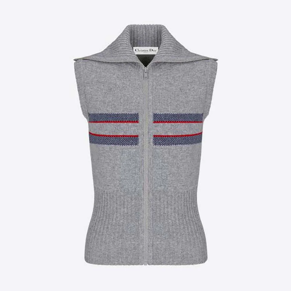 Dior Dioralps Sleeveless Zipped Sweater Gray Three-Tone Wool and Cashmere Knit for Women Dior Dioralps Sleeveless Zipped Sweater Gray Three-Tone Wool and Cashmere Knit for Women