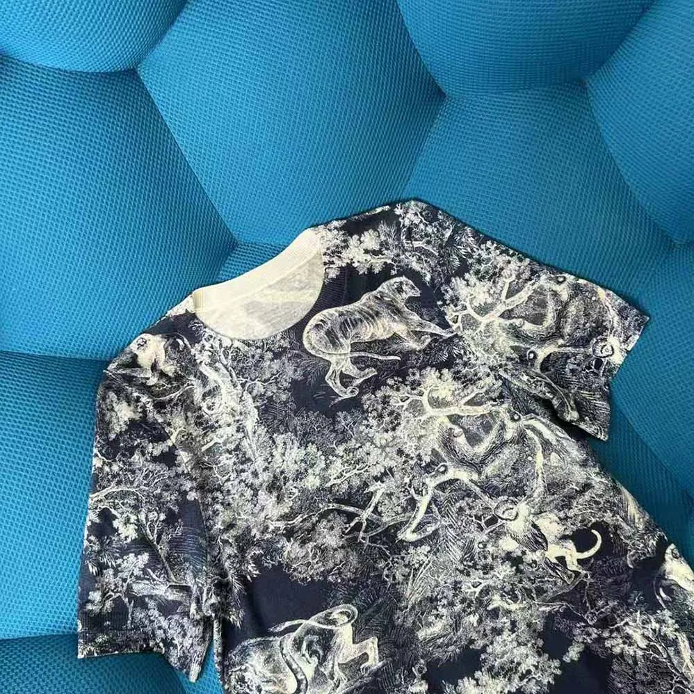 Dior T-shirt Navy Blue Toile de Jouy Cotton and Linen Jersey for Women