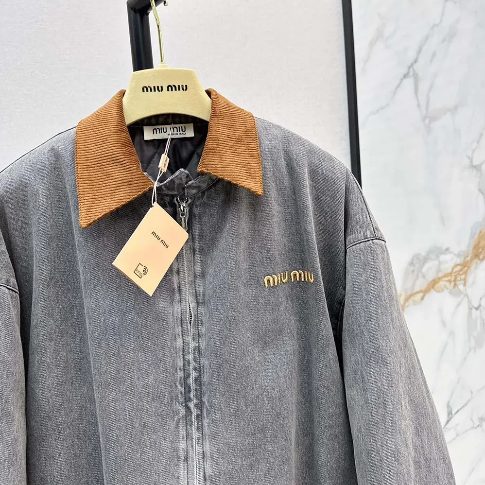 Miu Miu Chambray Jacket with Velvet Collar for Women Miu Miu Chambray Jacket with Velvet Collar for Women
