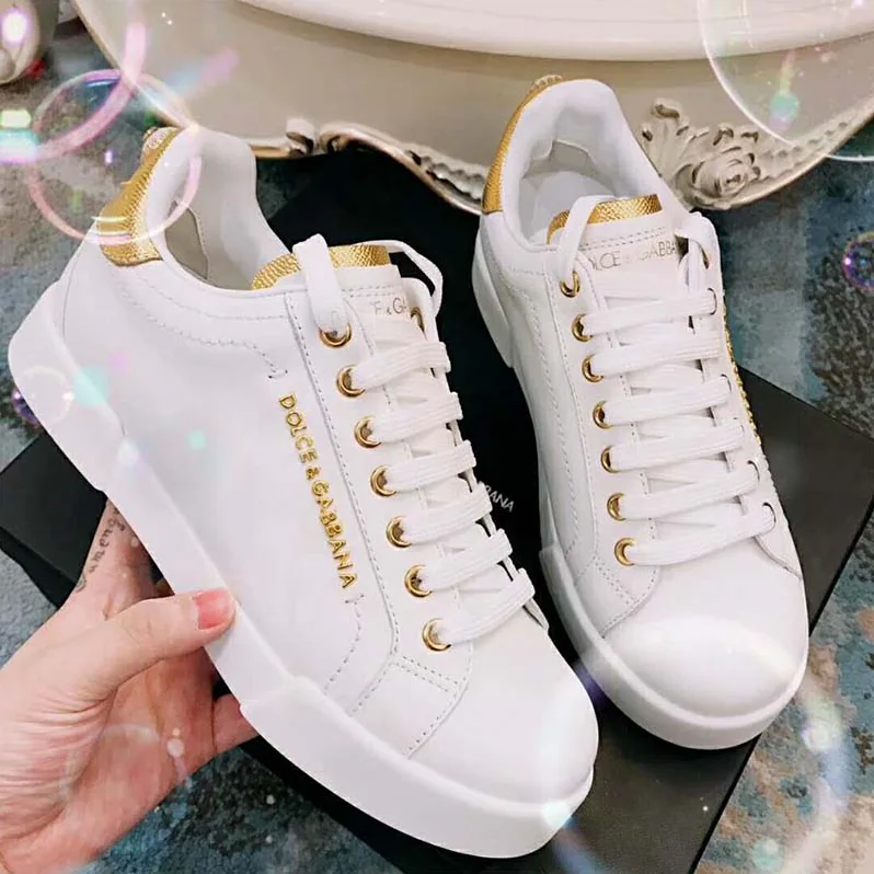 Dolce Gabbana D&G Shoes Leather Sneakers with Logo Bead for Women in White