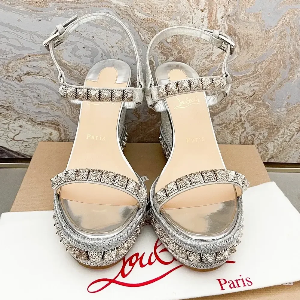 Christian Louboutin Silver Leather Calf Leather/Studded Cataclou 140 Platform Espadrille for Women