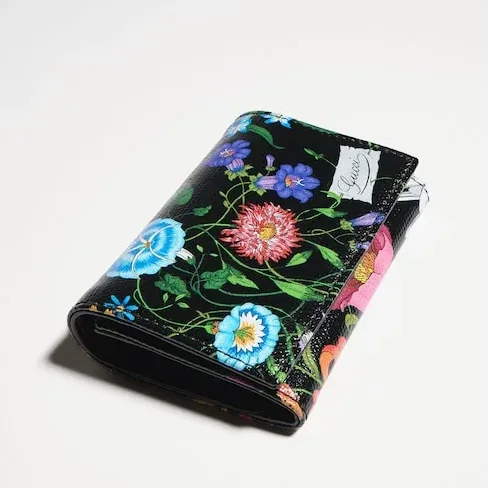 Gucci Flora Motif Bi Fold Card Case / Black in Multicolor Palladium Hardware