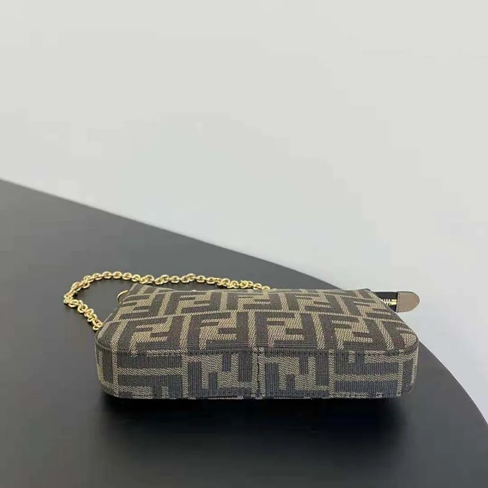 Fendi Baguette Pouch Brown Jacquard FF Fabric Clutch with Chain for Women Fendi Baguette Pouch Brown Jacquard FF Fabric Clutch with Chain for Women