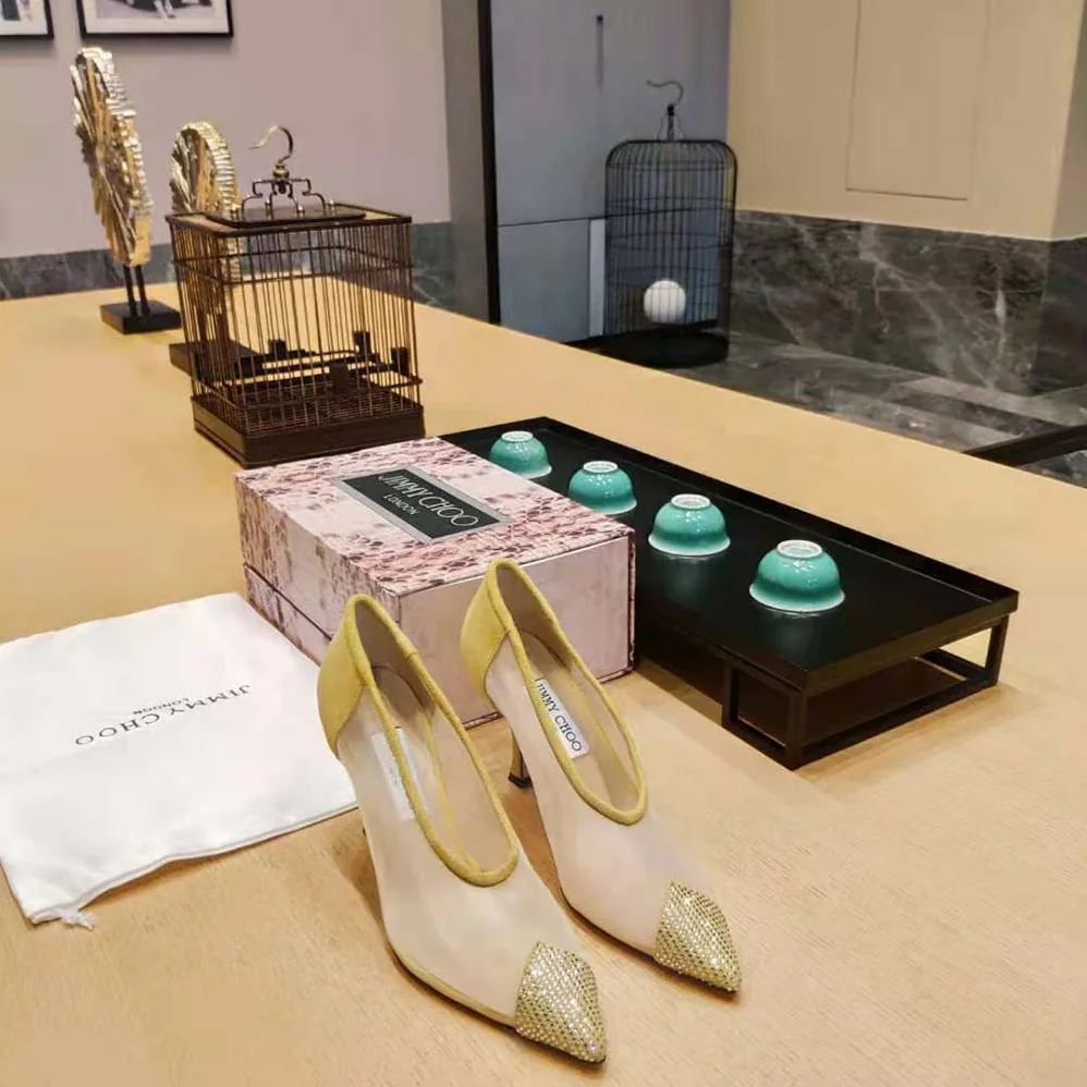 Jimmy Choo Nicole 90 Yellow Mesh and Suede Pumps with Crystal Embellishment for Women