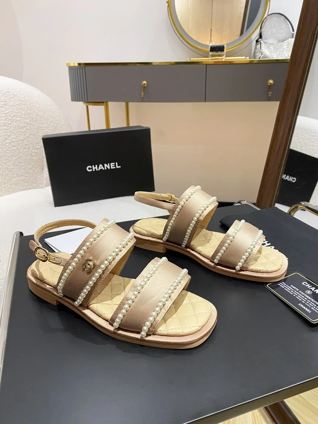 Chanel Pearl Flat Sandals Brown