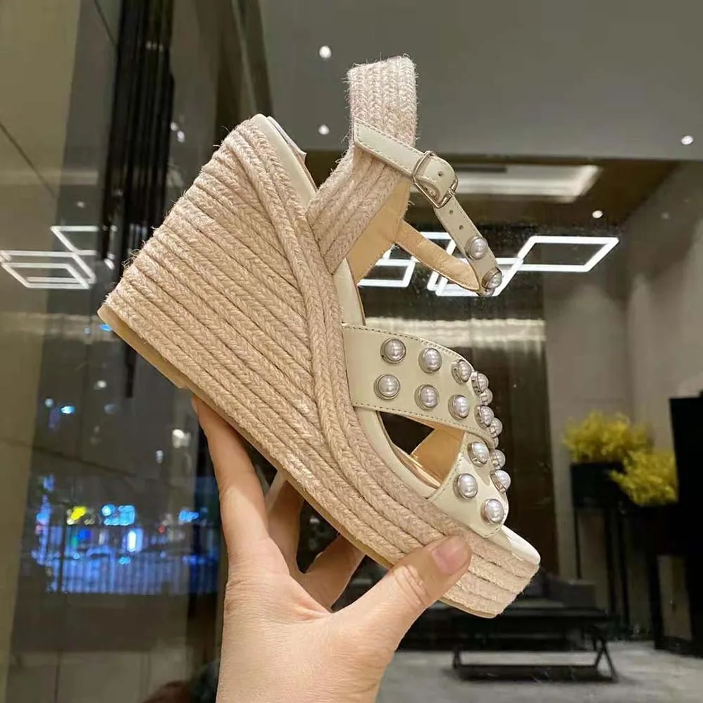 Jimmy Choo Dellena 100 Latte Nappa Wedges with Pearls for Women Jimmy Choo Dellena 100 Latte Nappa Wedges with Pearls for Women