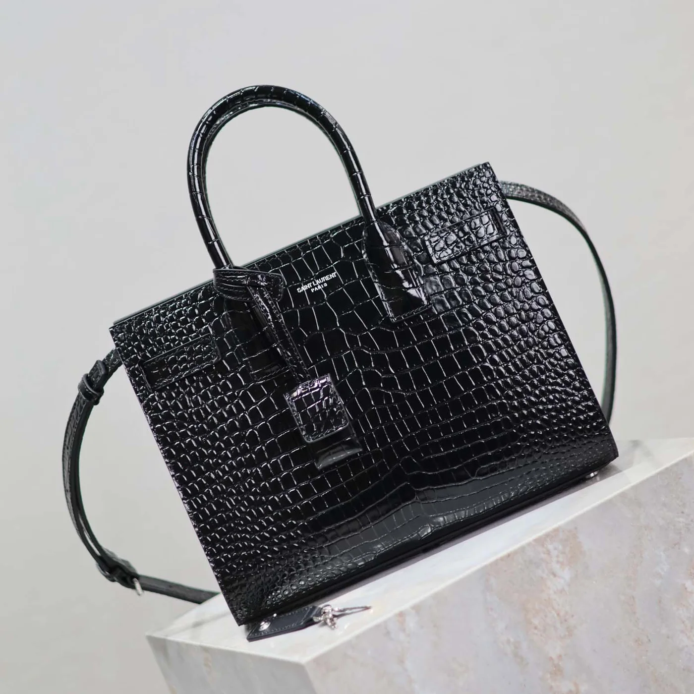 Saint Laurent YSL Sac De Jour in Embossed Crocodile Leather Baby for Women in Black