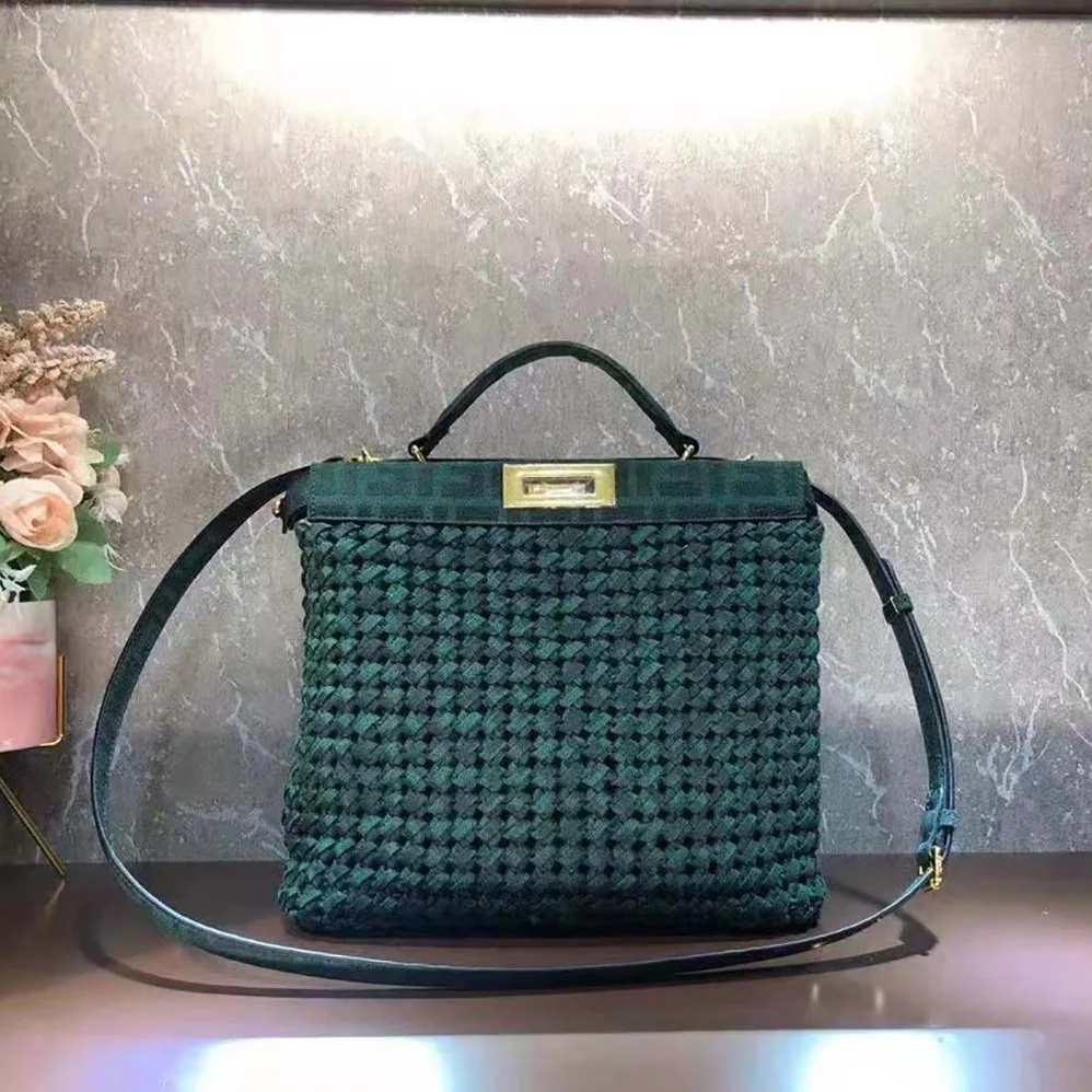 Fendi Peekaboo Iconic Medium Jacquard Fabric Interlace Bag for Women in Dark Green