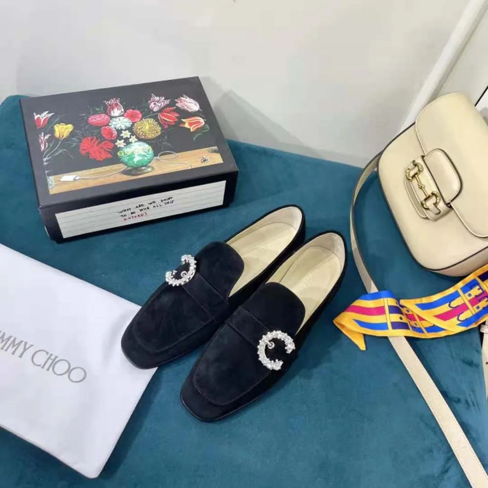 Jimmy Choo Mani Flat Black Suede Loafers with Crystal Buckle for Women