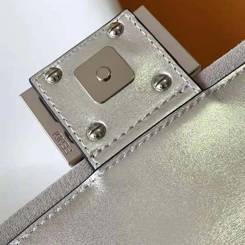 Fendi Baguette Mini Silver Leather Bag with Crystal FF Motif for Women Fendi Baguette Mini Silver Leather Bag with Crystal FF Motif for Women