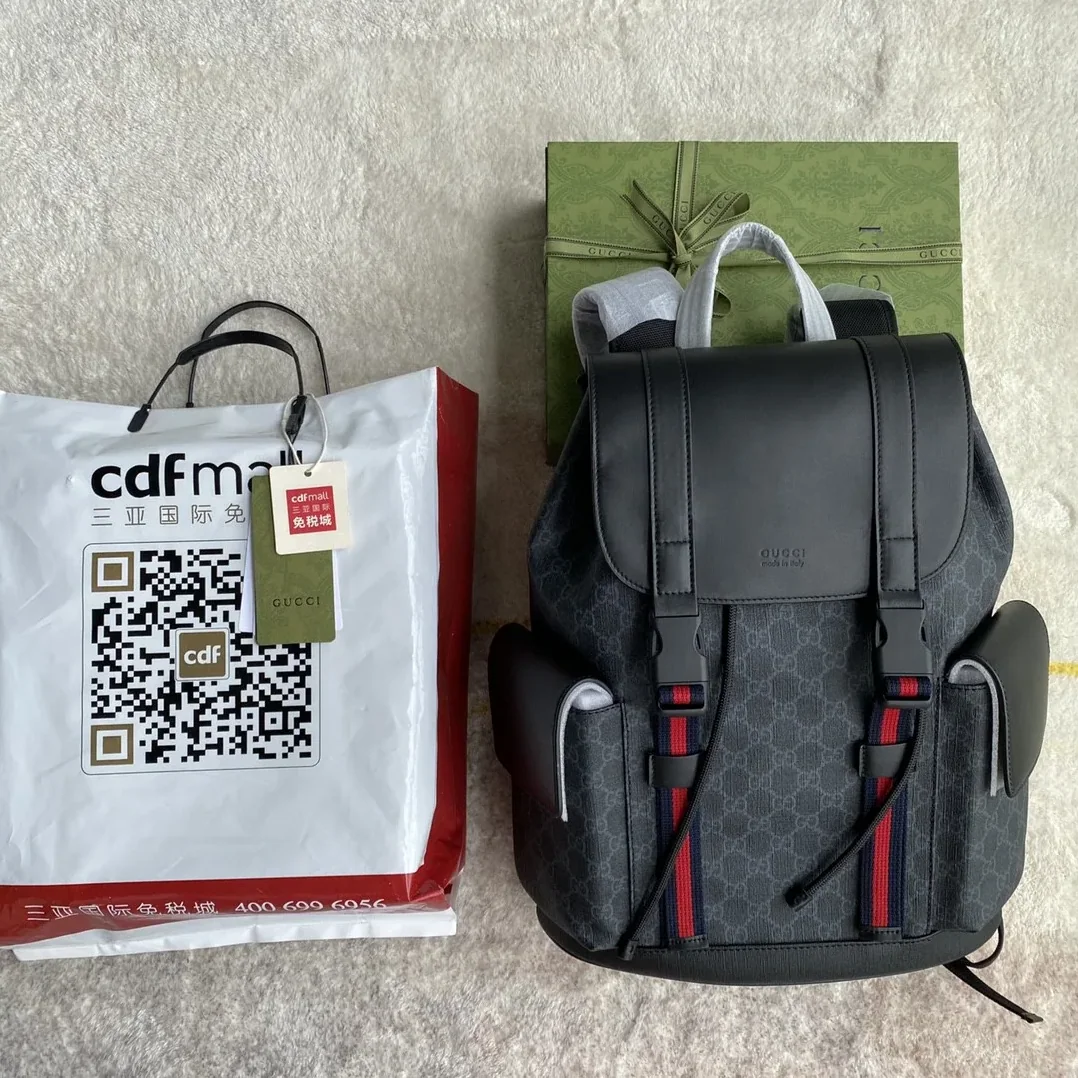 Gucci Black Backpack Black/Grey Soft GG Supreme Blue And Red Web / Gucci Black Backpack Black/Grey Soft GG Supreme Blue And Red Web /