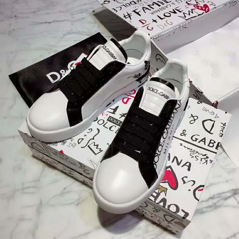 Dolce Gabbana D&G Shoes Portofino Sneakers in Printed Patent Calfskin for Men in Black
