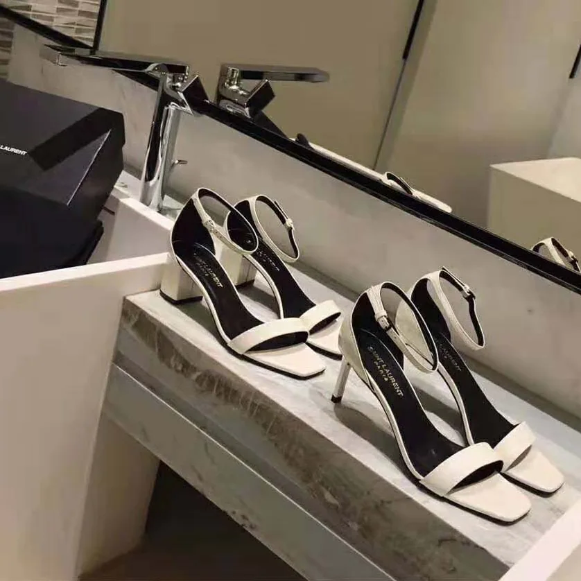 Saint Laurent YSL Amber Sandals Patent Leather 8.5cm Heel for Women in Beige