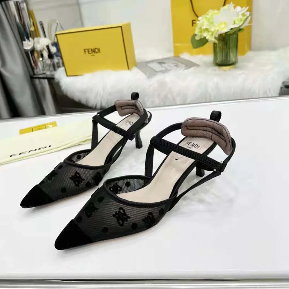 Fendi Colibri Lite Black mesh and FF Karligraphy Medium for Women in Heel Slingbacks