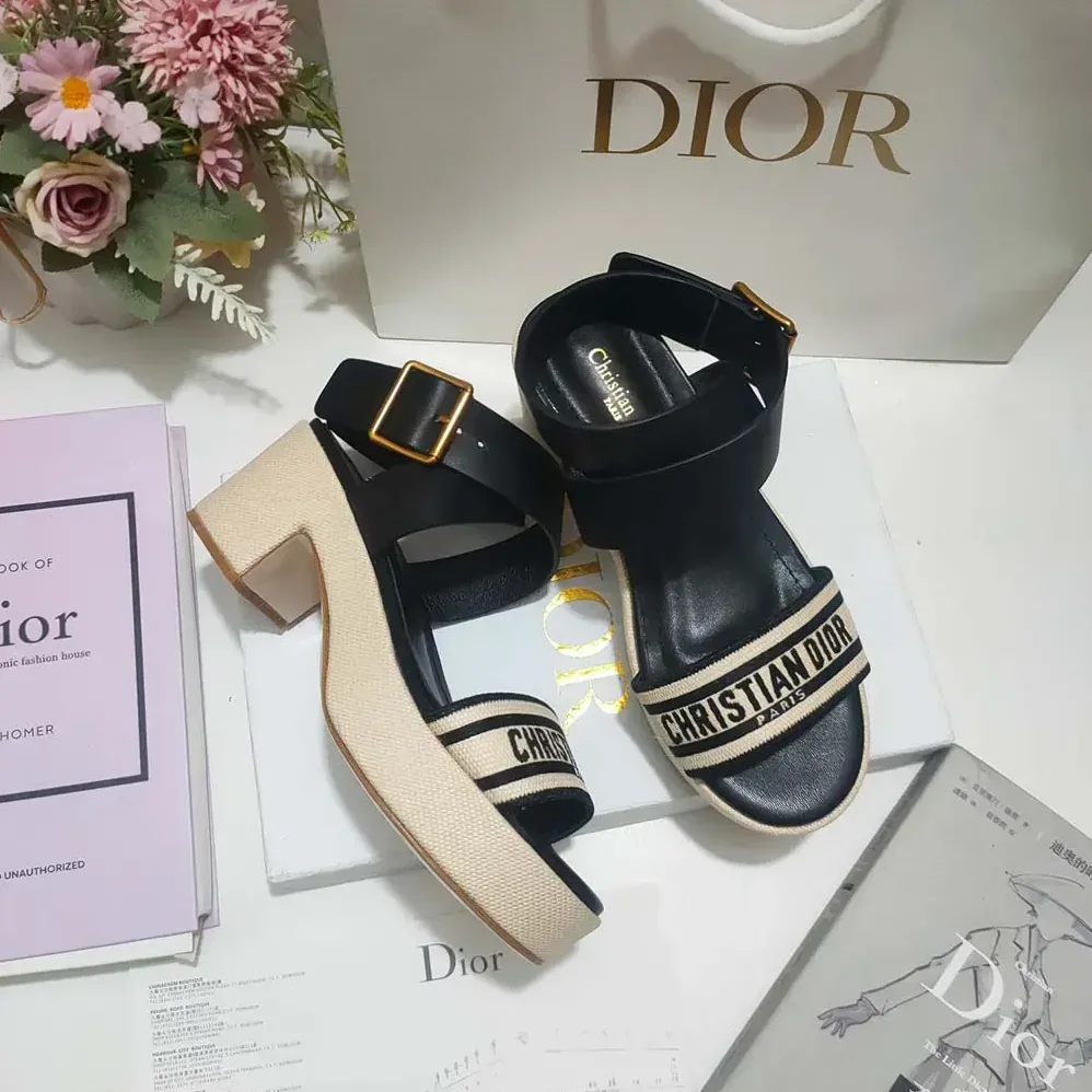 Dior Dioriviera Dway Heeled Sandal Natural Raffia with Black Calfskin and Embroidered Cotton for Women Dior Dioriviera Dway Heeled Sandal Natural Raffia with Black Calfskin and Embroidered Cotton for Women