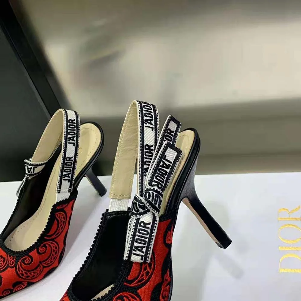 Dior J'Adior Slingback Pump Black and Red Cotton with Dior Bandana Embroidery for Women Dior J'Adior Slingback Pump Black and Red Cotton with Dior Bandana Embroidery for Women