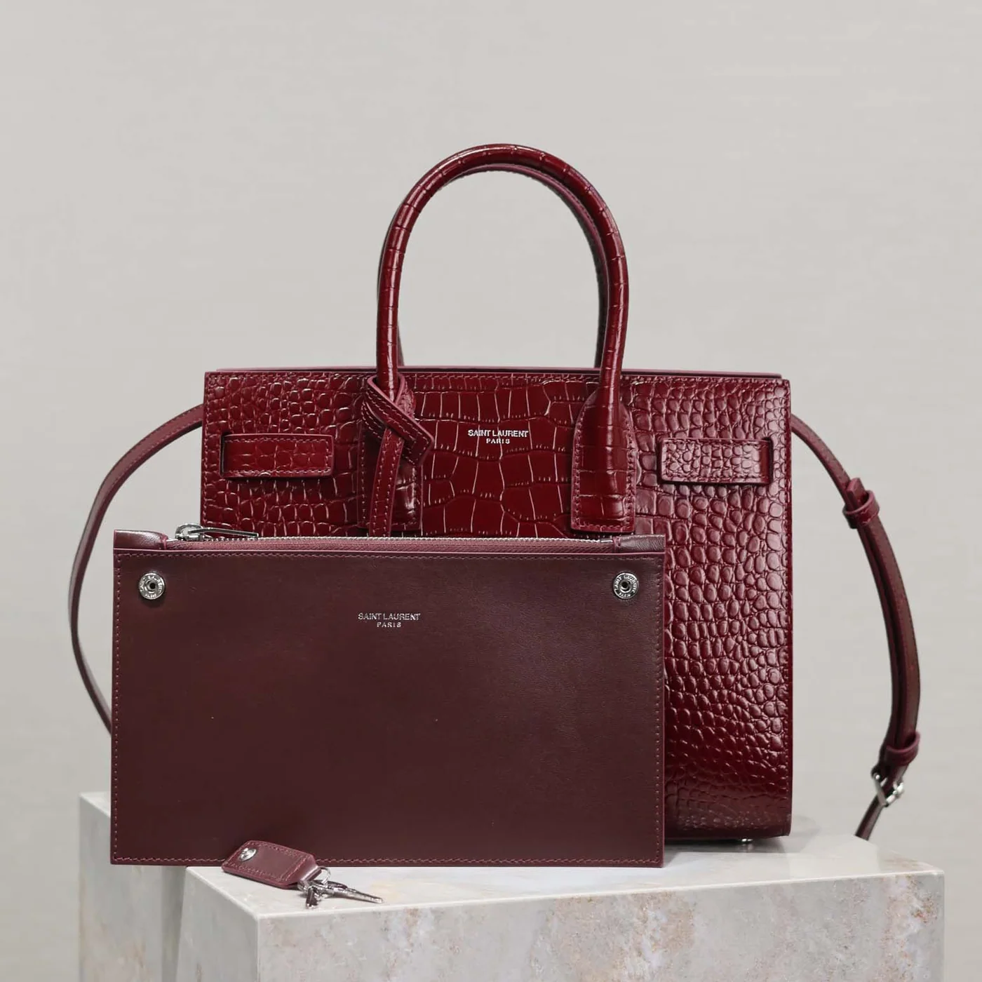 Saint Laurent YSL Sac De Jour in Embossed Crocodile Leather Baby for Women in Maroon Saint Laurent YSL Sac De Jour in Embossed Crocodile Leather Baby for Women in Maroon