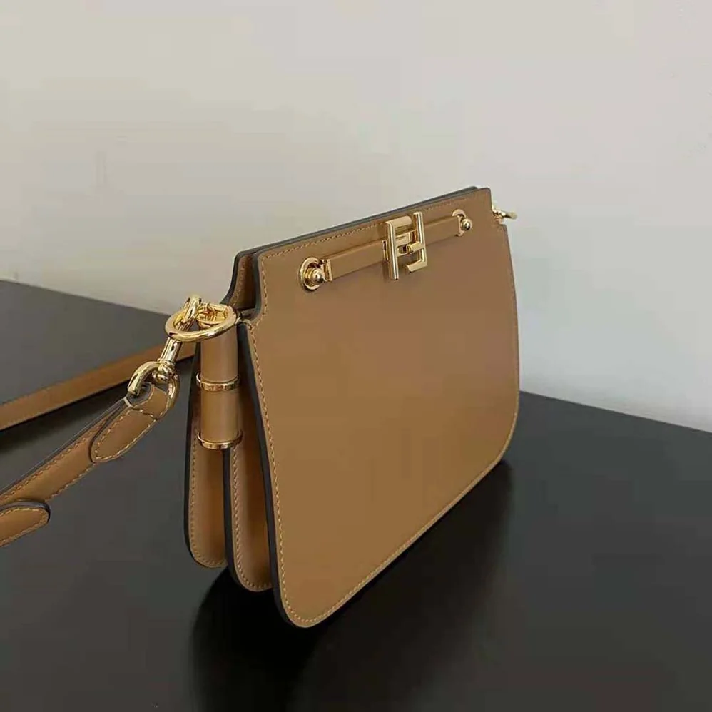Fendi Touch Leather Bag with A Metal FF Clasp for Women in Brown
